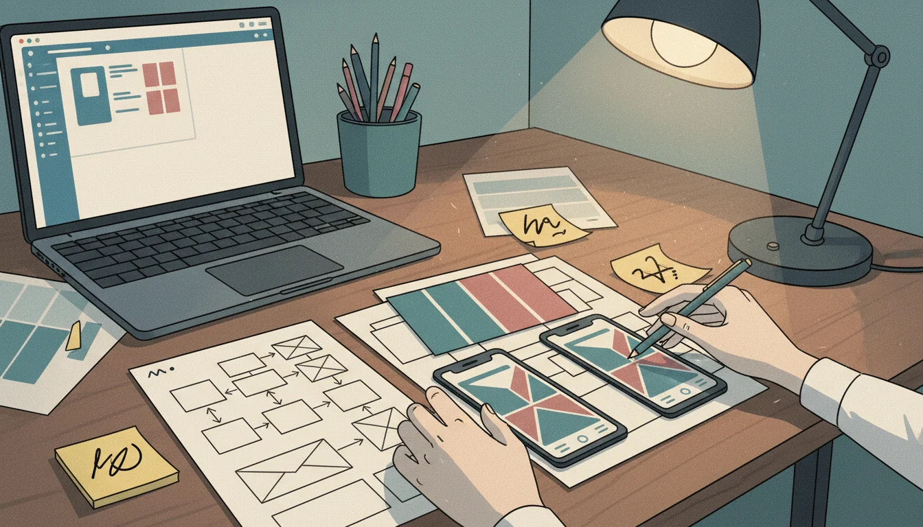 Sắp xếp portfolio UX/UI — wireframes, color palettes, mobile mockups